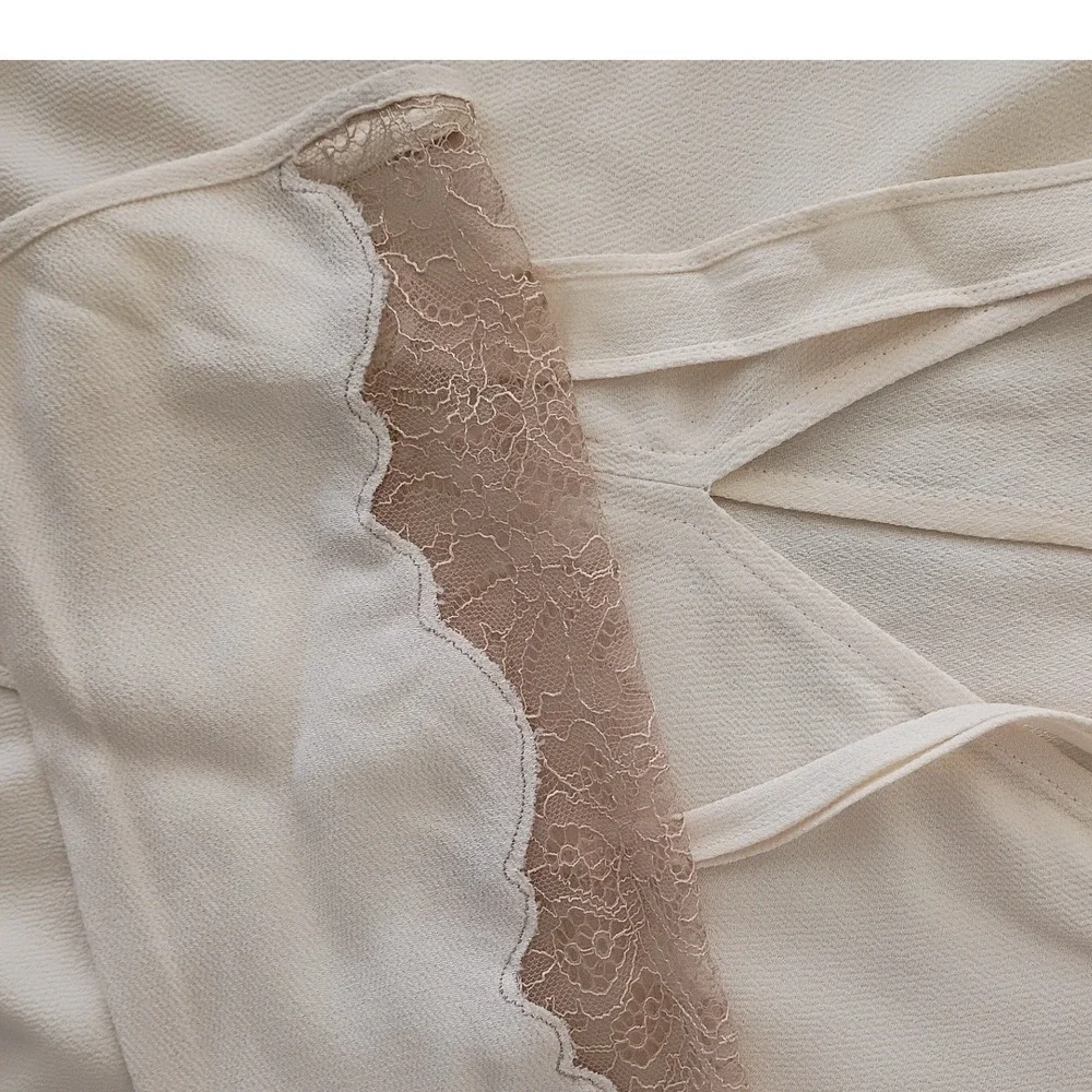 Free People Cream Lace Trim V-Neck Tie Front Blouse S Boho Ethereal Romantic Top
